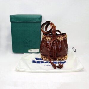 SEPCOEUR Brown Leather Bucket Bag Studded Crocodile Purse